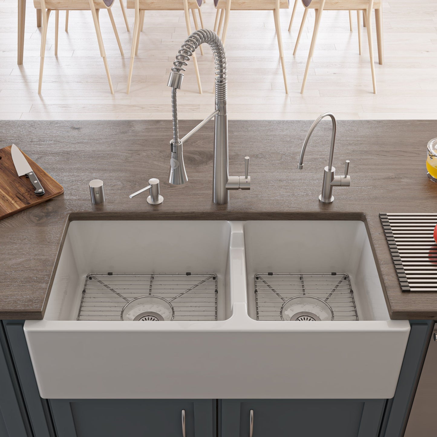 ALFI brand AB3618DB Smooth Apron Thick Wall Fireclay Double Bowl Farm Sink