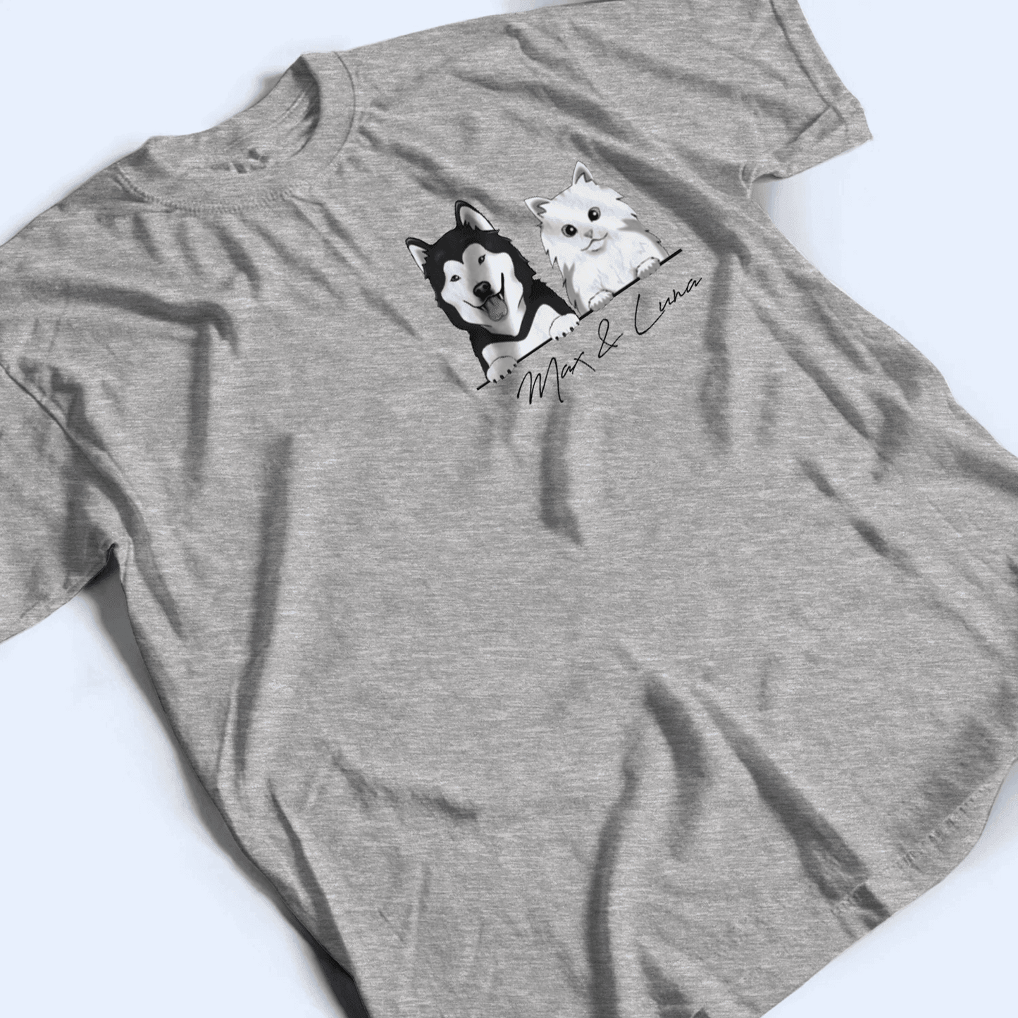 Peeking Pet with Name - Personalized Custom Left Chest T Shirt - Birthday, Loving, Funny Gift for Cat Mom, Cat Dad, Cat Lover, Dog Mom, Dog Dad, Dog Lovers