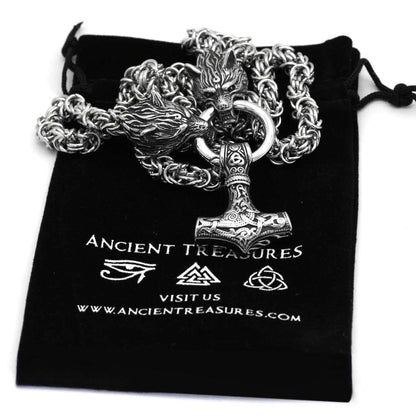 Vikings Wolf Head Mjolnir Stainless Steel Necklace