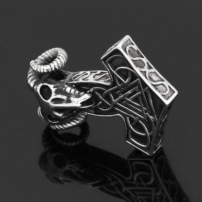 Vikings Thor's Ram Skull Mjolnir Stainless Steel Necklace