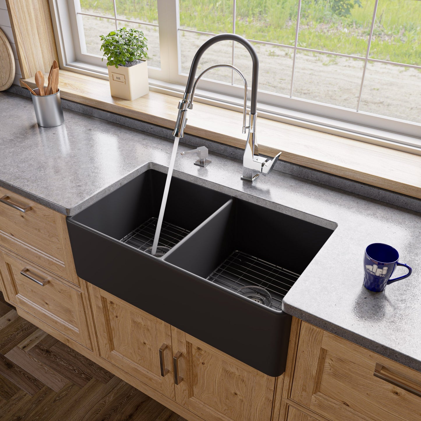 ALFI brand ABF3318D Smooth Apron 33" x 18" Double Bowl Fireclay Farm Sink