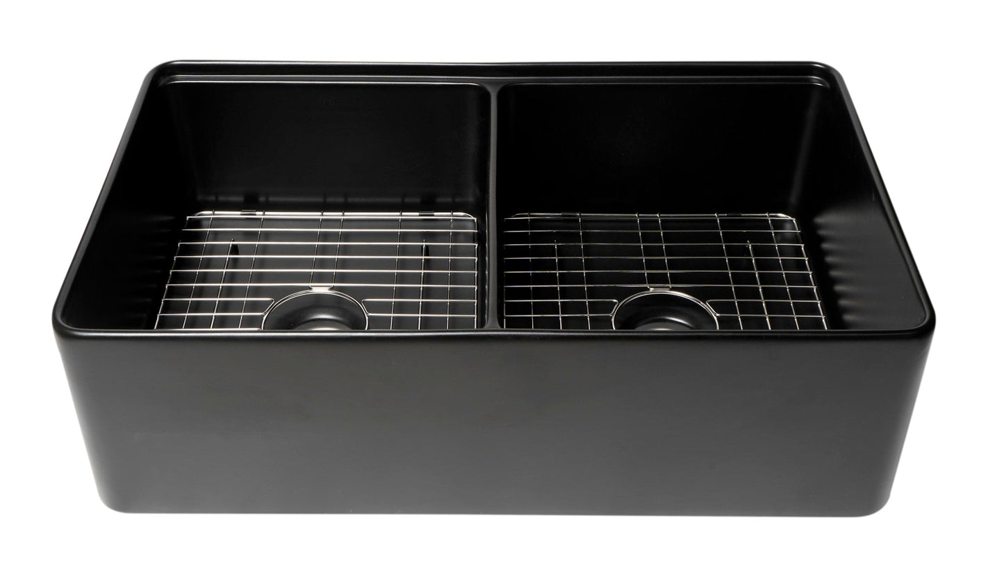 ALFI brand ABFS3320D Workstation 33" x 20" Double Bowl Step Rim Fireclay Farm Sink with Accessories