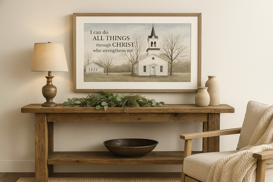 Philippians 4:13 Church Art in Kitchen + Metal Living Room Setting