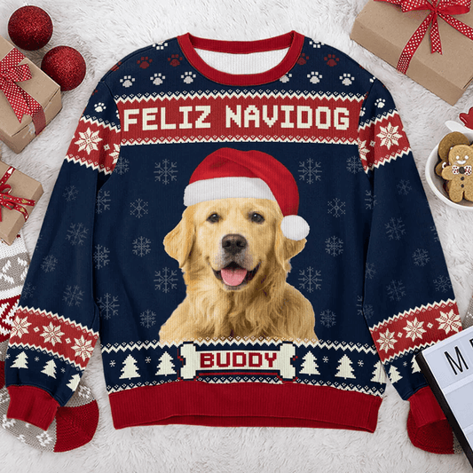 Custom Photo Feliz Navidog, Merry Woofmas - Personalized Ugly Sweater - Funny Christmas Gifts For Dog Owners & Lovers, Dog Mom, Dog Dad | Sweatshirt