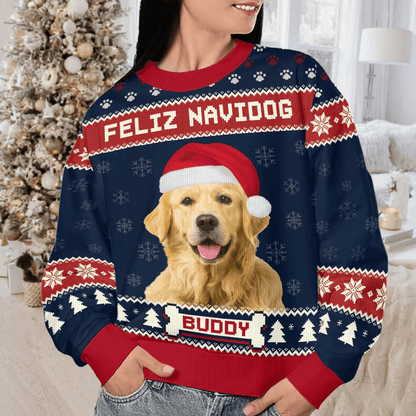 Custom Photo Feliz Navidog, Merry Woofmas - Personalized Ugly Sweater - Funny Christmas Gifts For Dog Owners & Lovers, Dog Mom, Dog Dad | Sweatshirt