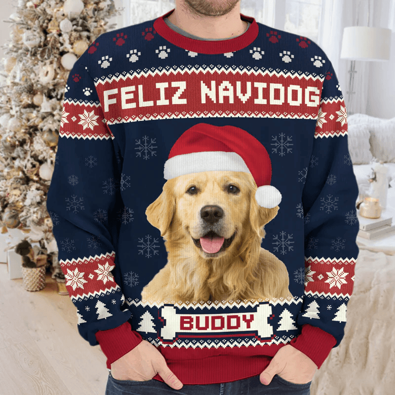 Custom Photo Feliz Navidog, Merry Woofmas - Personalized Ugly Sweater - Funny Christmas Gifts For Dog Owners & Lovers, Dog Mom, Dog Dad | Sweatshirt
