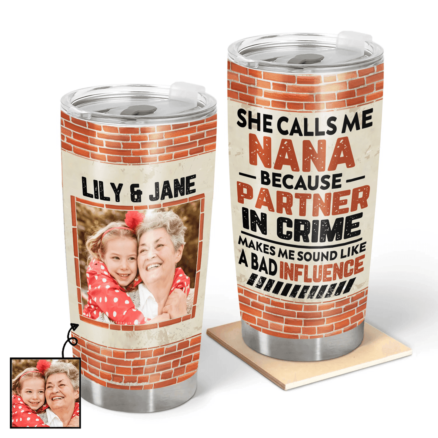 Custom Photo Partners In Crime - Personalized Custom 20oz Fat Tumbler Cup - Birthday, Loving, Funny Gift for Grandma/Nana/Mimi, Mom, Wife, Grandparent