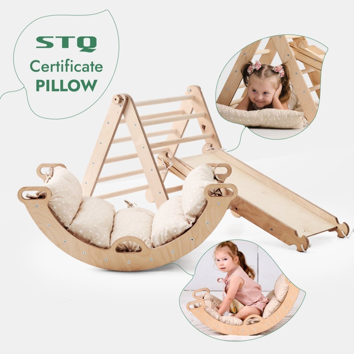 Pikler Triangle Set for Toddlers: Triangle Ladder + Climbing Arch + Slide Board + Cushion