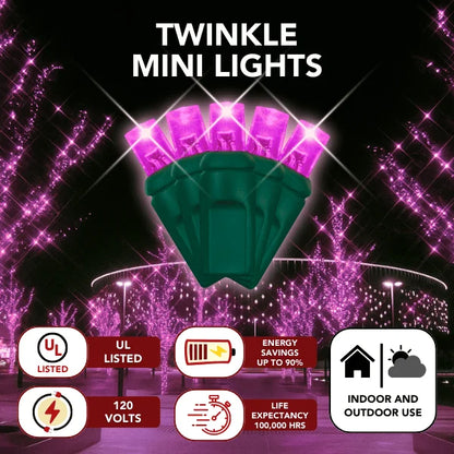 LED Mini Lights 5MM Pink Twinkle Green Wire - 6" Spacing