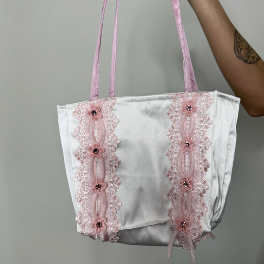 Chic Mini Silk Handbag – White and Pink