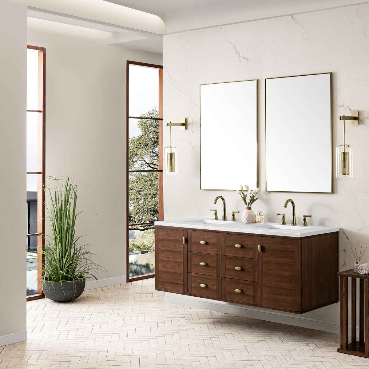 Amberly 60" Double Vanity Cabinet, Mid-Century Walnut