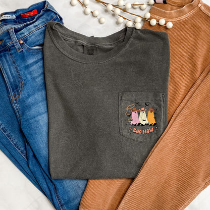 Boo How Ghosts Halloween Pocket Comfort Colors Tshirt