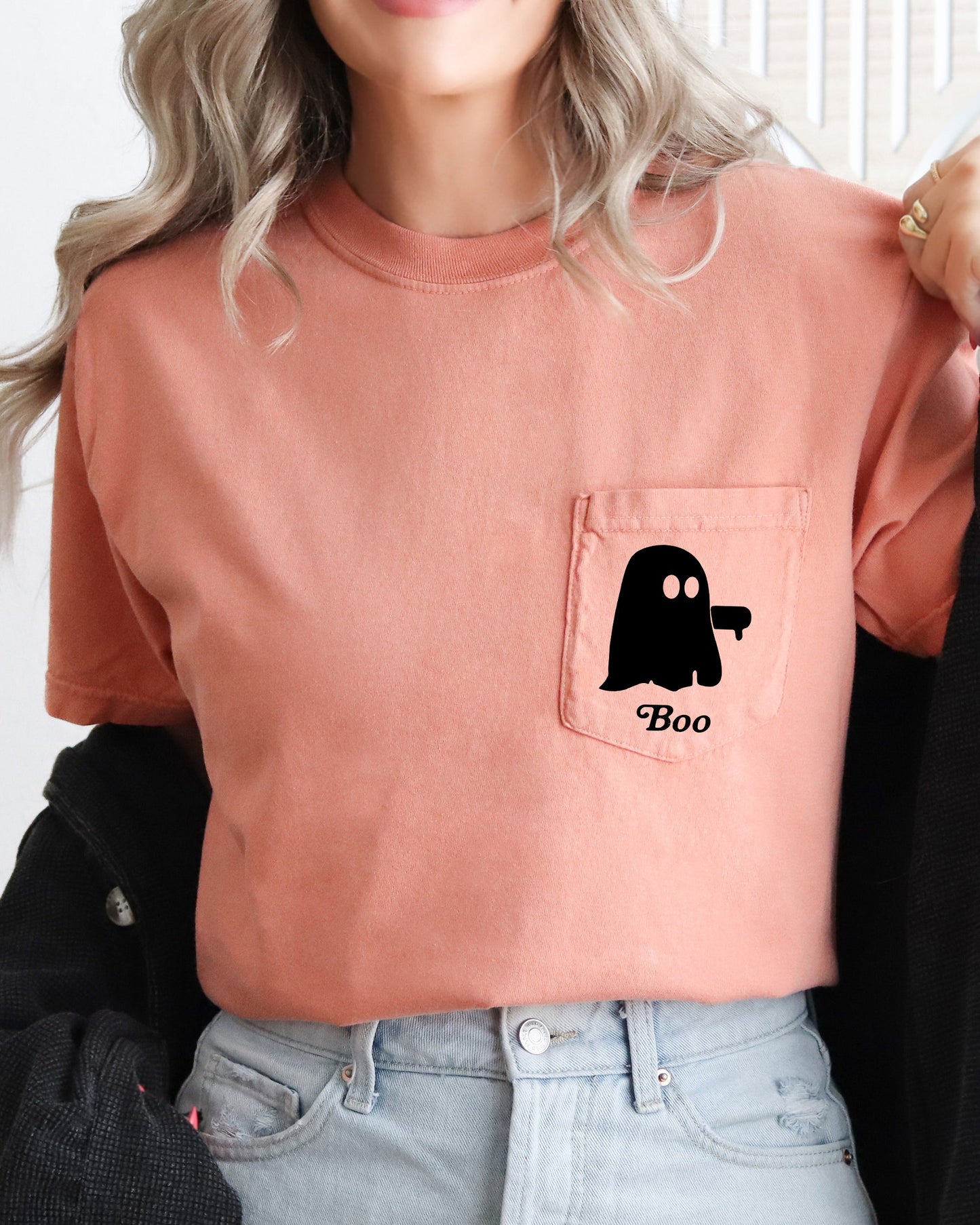 Boo Thumb, Ghost, Halloween Pocket Tee Comfort Colors T-Shirt