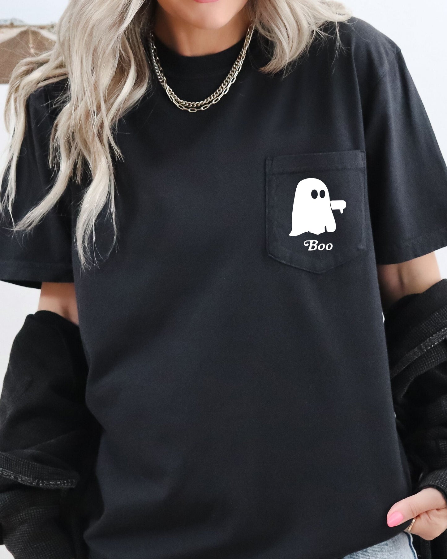 Boo Thumb, Ghost, Halloween Pocket Tee Comfort Colors T-Shirt