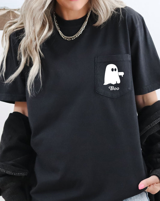 Boo Thumb, Ghost, Halloween Pocket Tee Comfort Colors T-Shirt