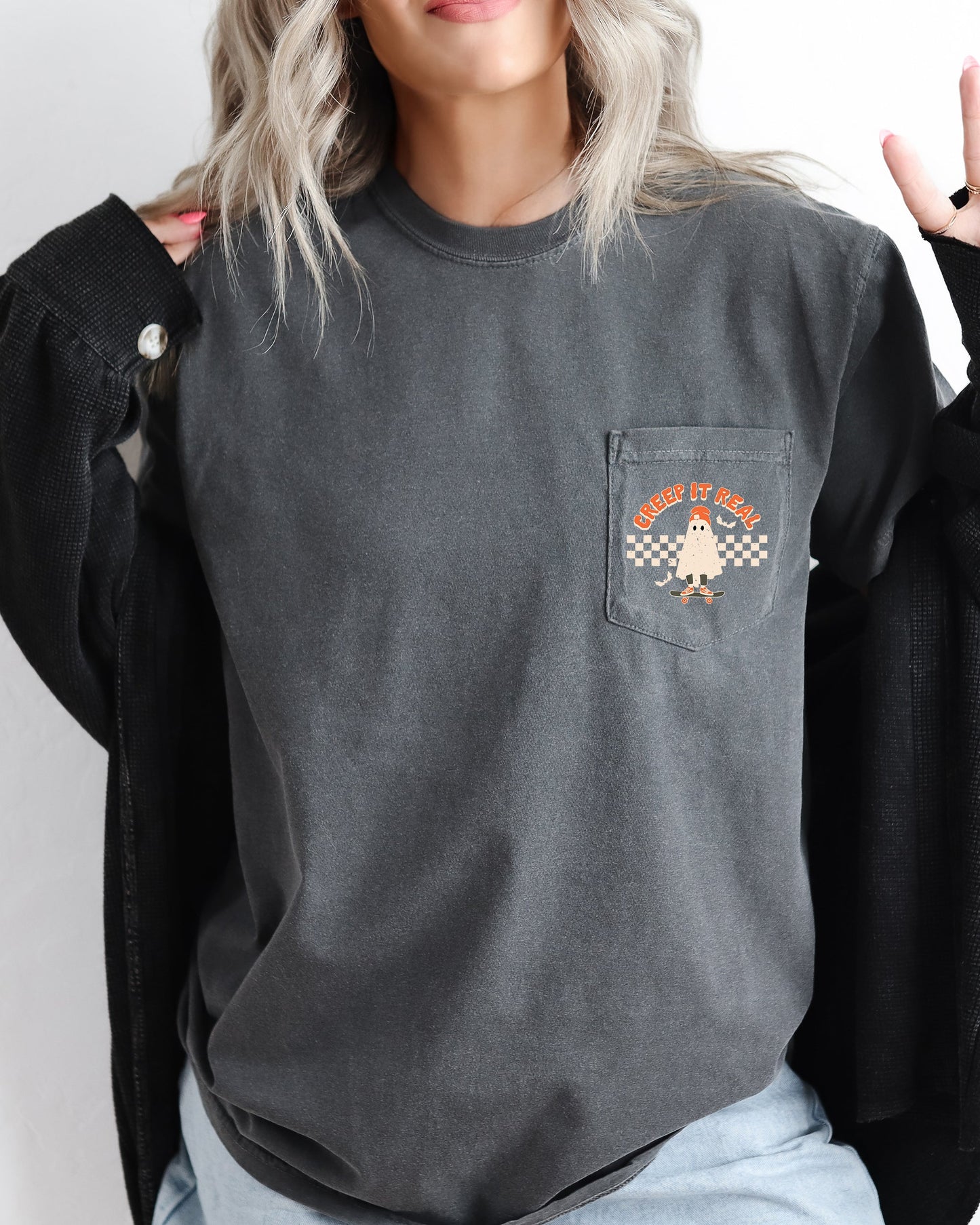 Creep It Real, Ghost, Halloween Pocket Tee Comfort Colors T-Shirt