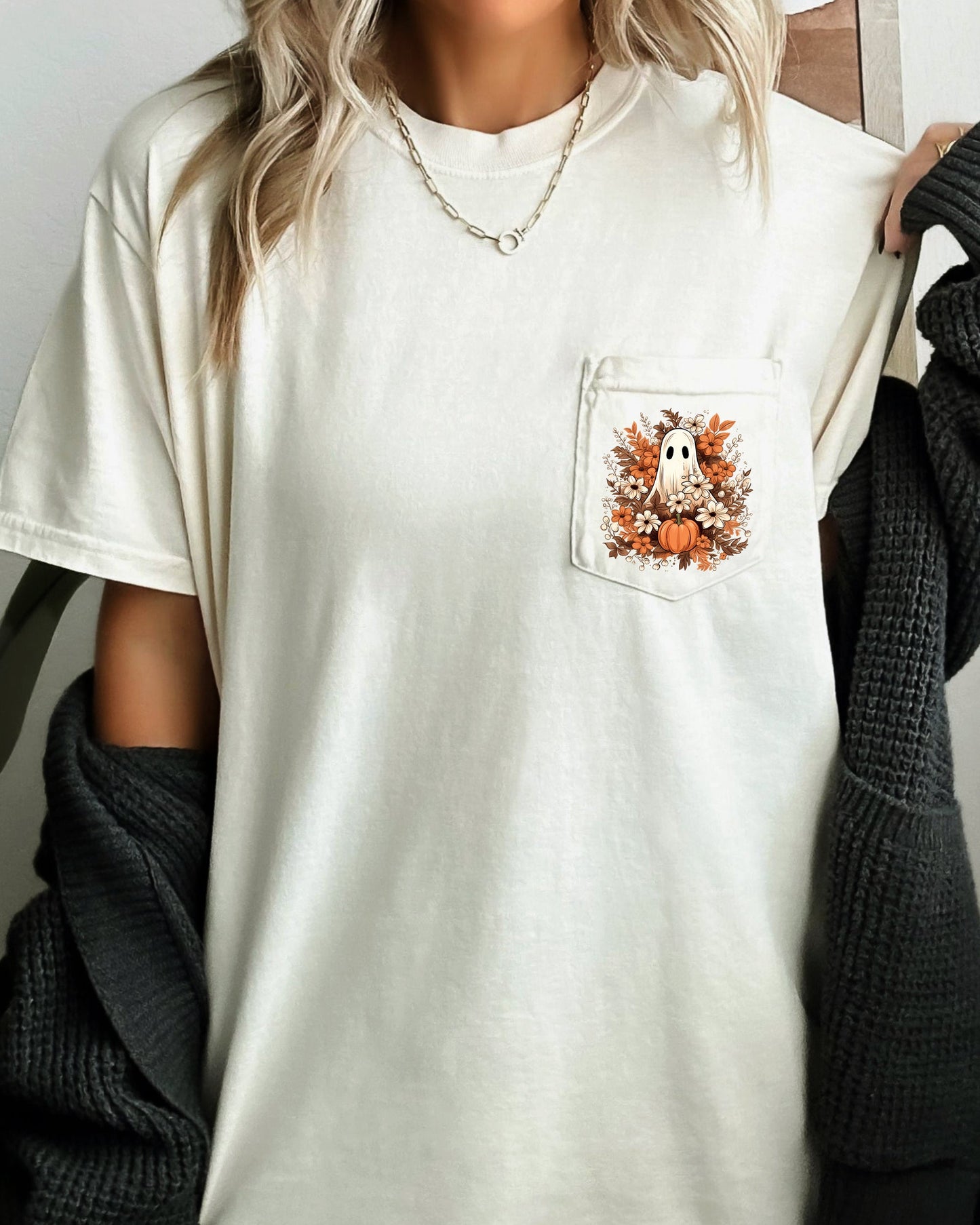 Floral Ghost, Spooky, Halloween Pocket Tee Comfort Colors T-Shirt