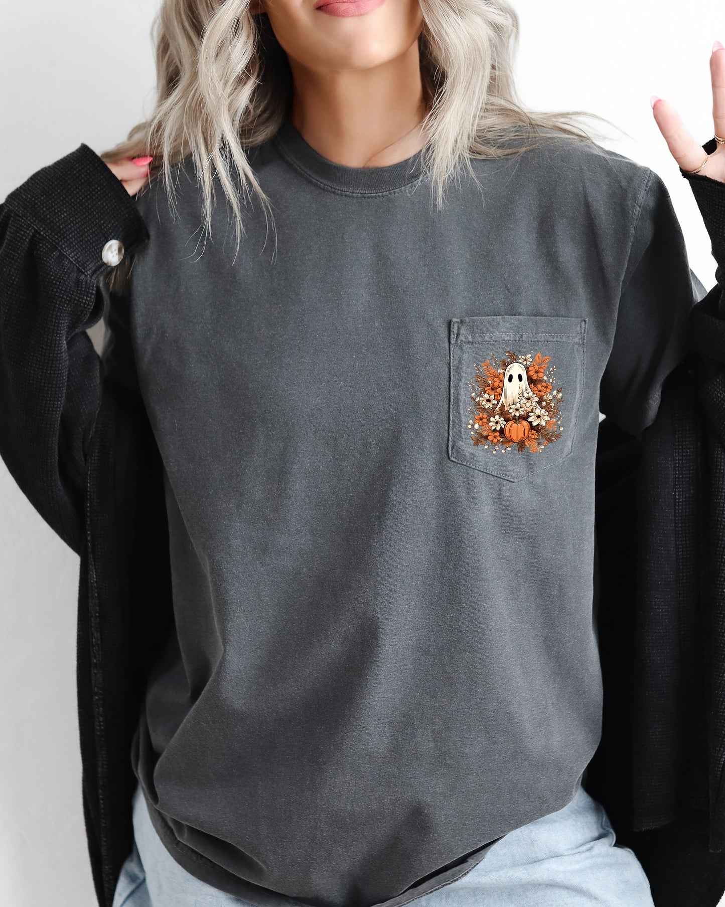 Floral Ghost, Spooky, Halloween Pocket Tee Comfort Colors T-Shirt
