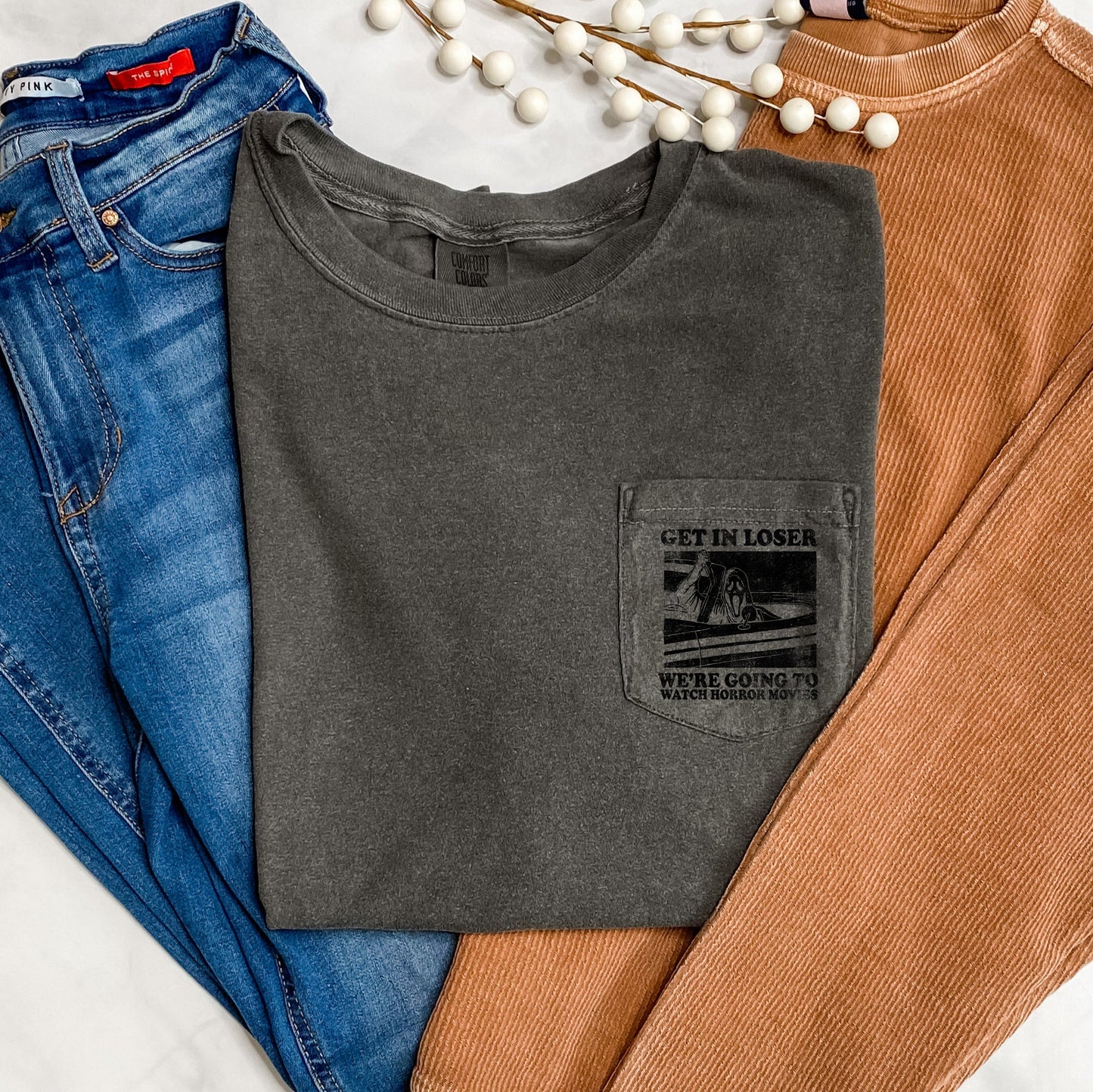 Get In Loser Horror Halloween Pocket Comfort Colors Tshirt