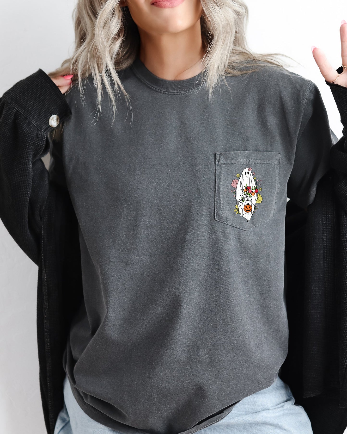 Cute Floral Ghost, Halloween Pocket Tee Comfort Colors T-Shirt