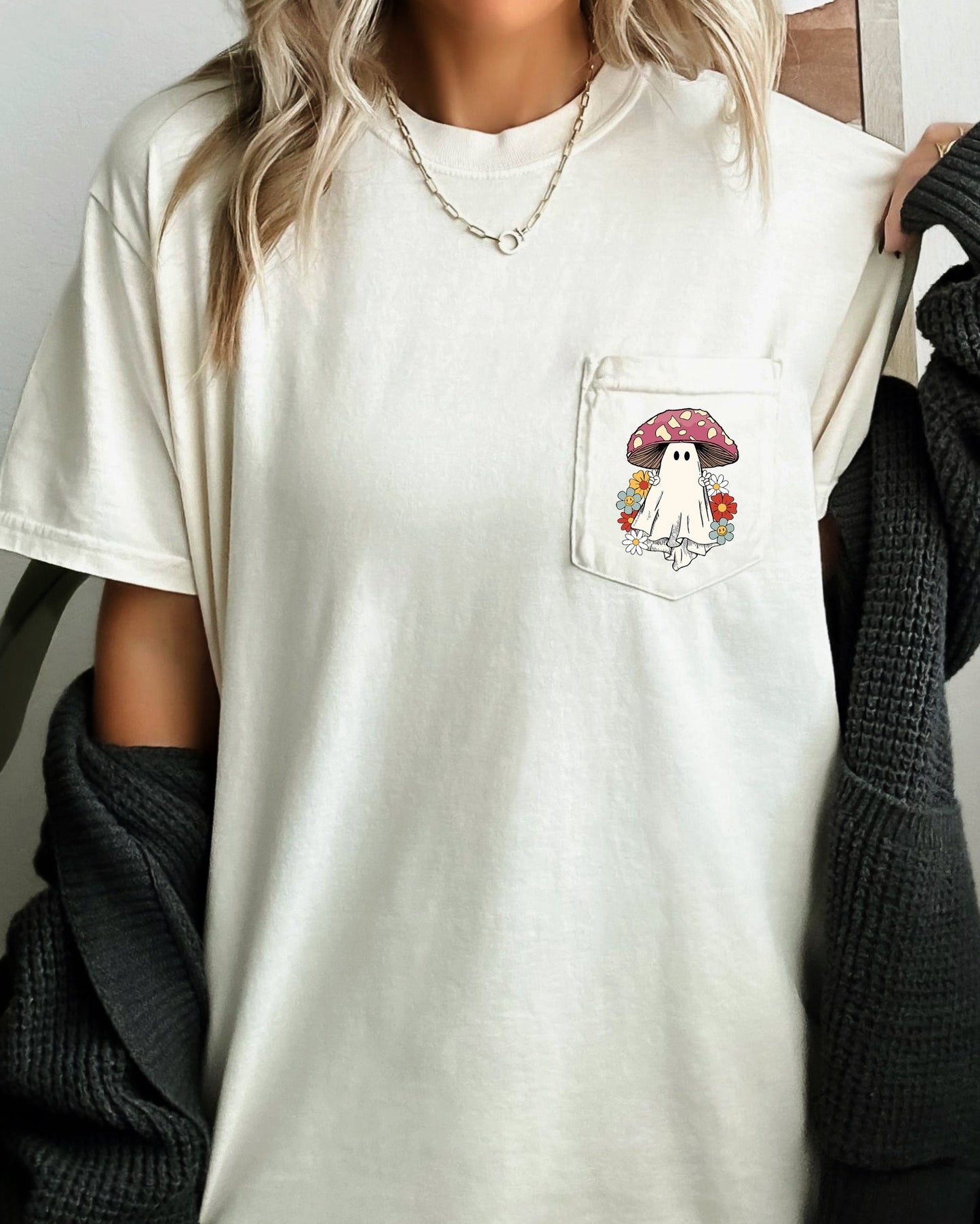 Ghost Mushroom, Halloween Pocket Tee Comfort Colors T-Shirt