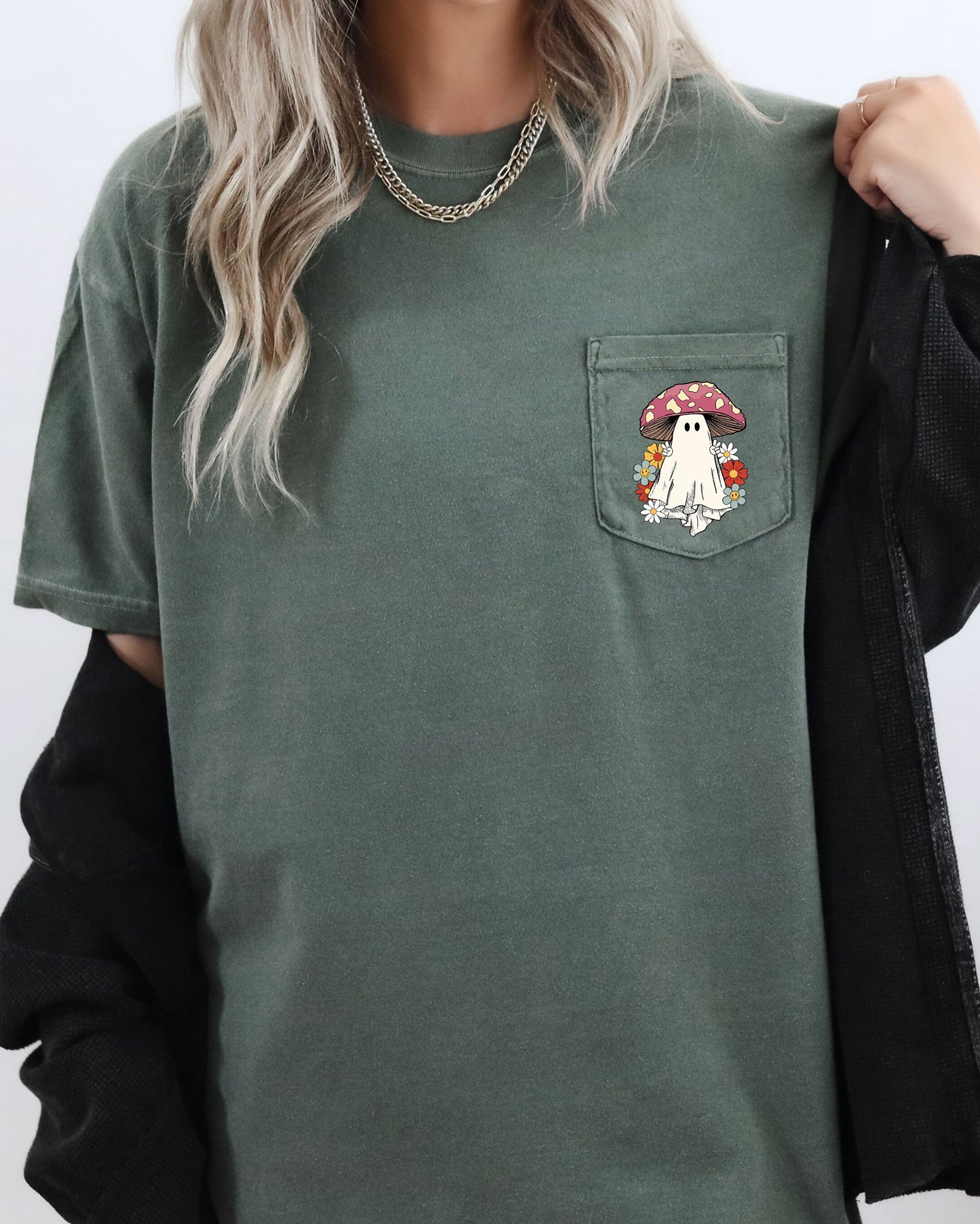 Ghost Mushroom, Halloween Pocket Tee Comfort Colors T-Shirt
