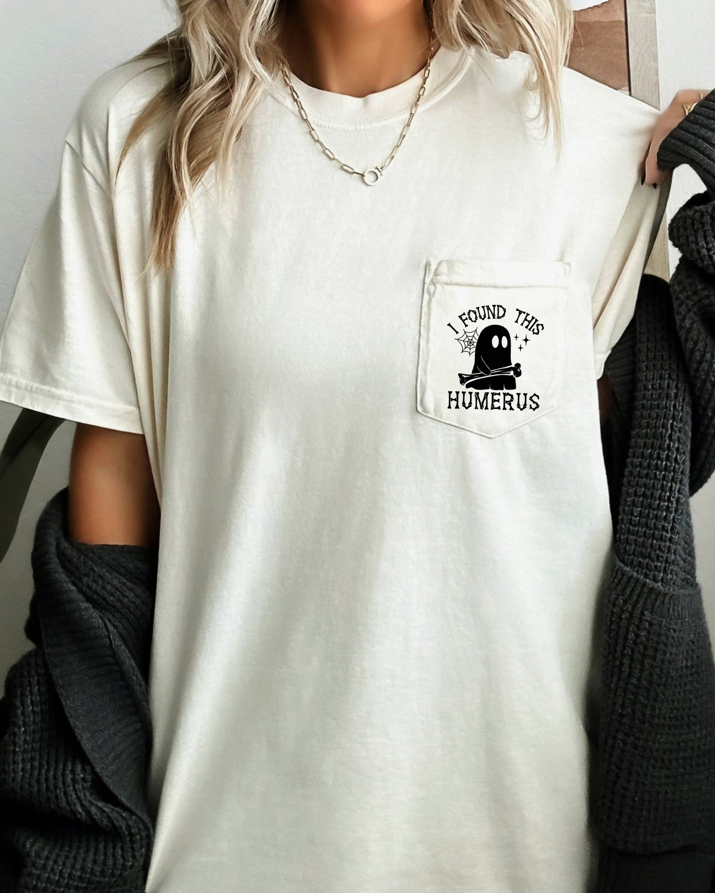 I Found This Humerus, Ghost, Halloween Pocket Tee Comfort Colors T-Shirt
