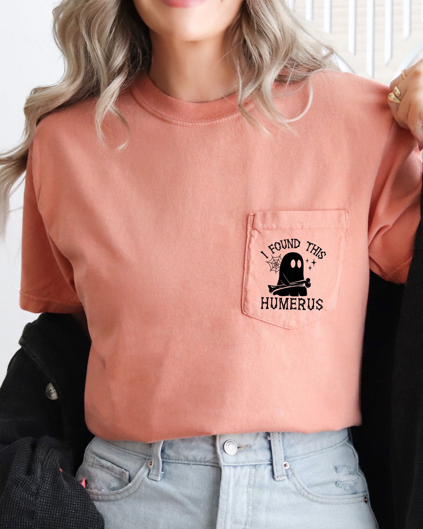 I Found This Humerus, Ghost, Halloween Pocket Tee Comfort Colors T-Shirt