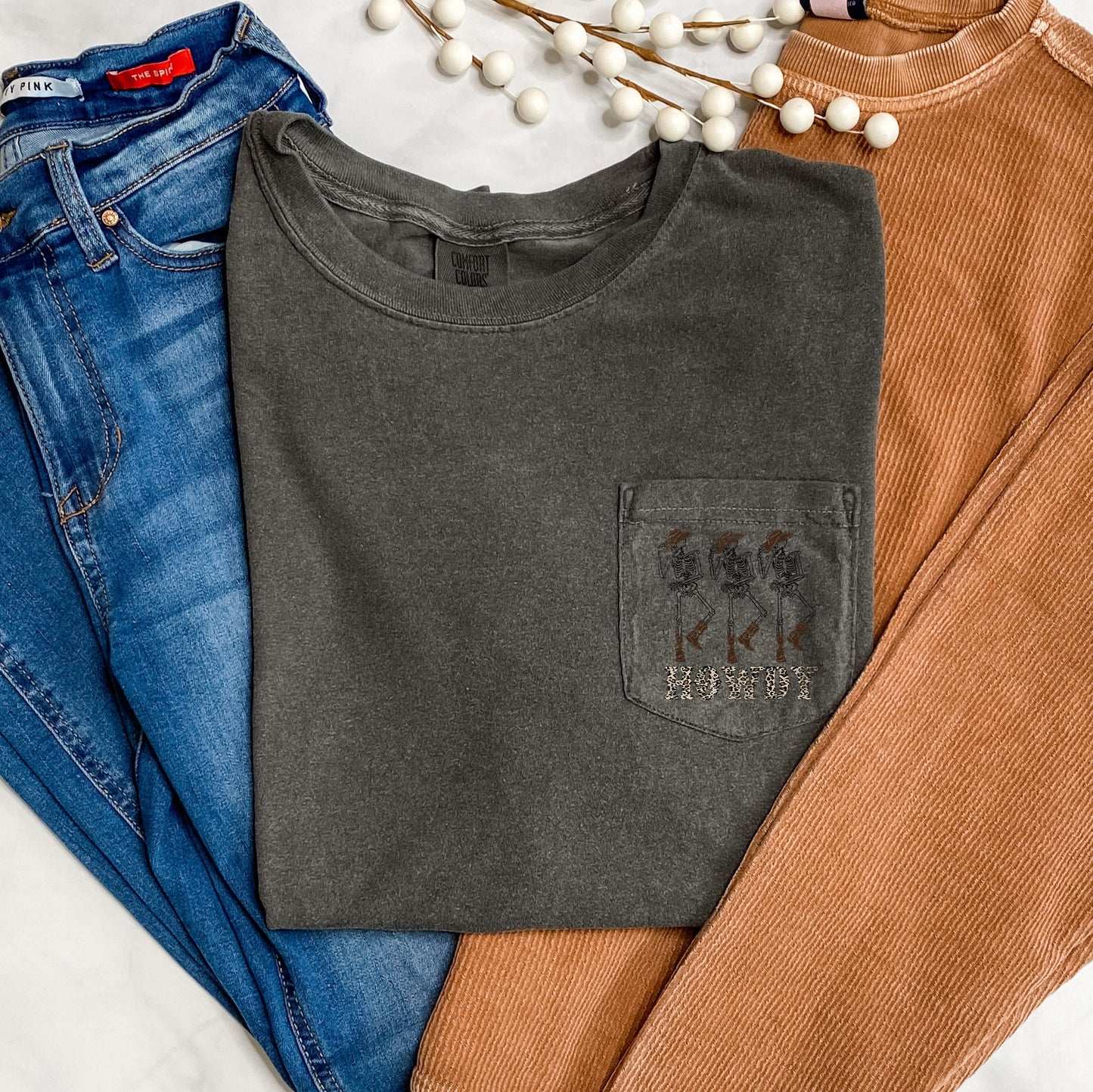 Howdy Skeletons Leopard Halloween Pocket Comfort Colors Tshirt