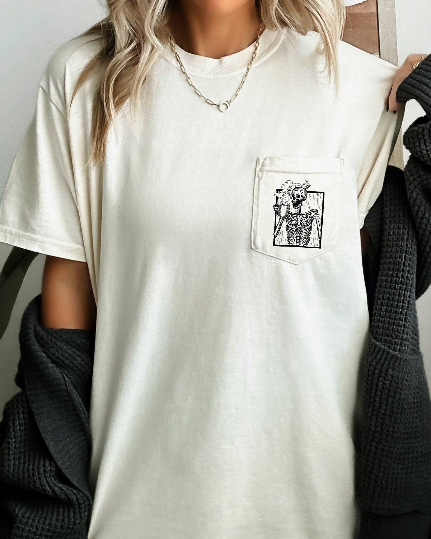 Skeleton Coffee, Halloween Pocket Tee Comfort Colors T-Shirt