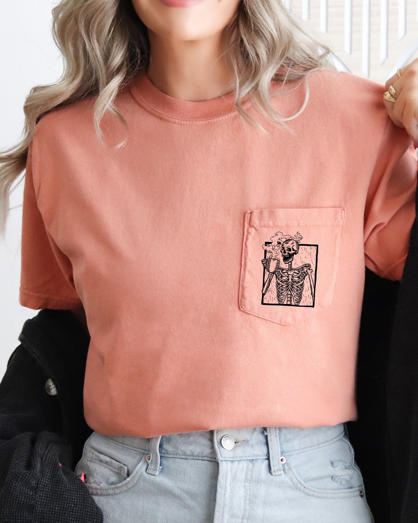 Skeleton Coffee, Halloween Pocket Tee Comfort Colors T-Shirt