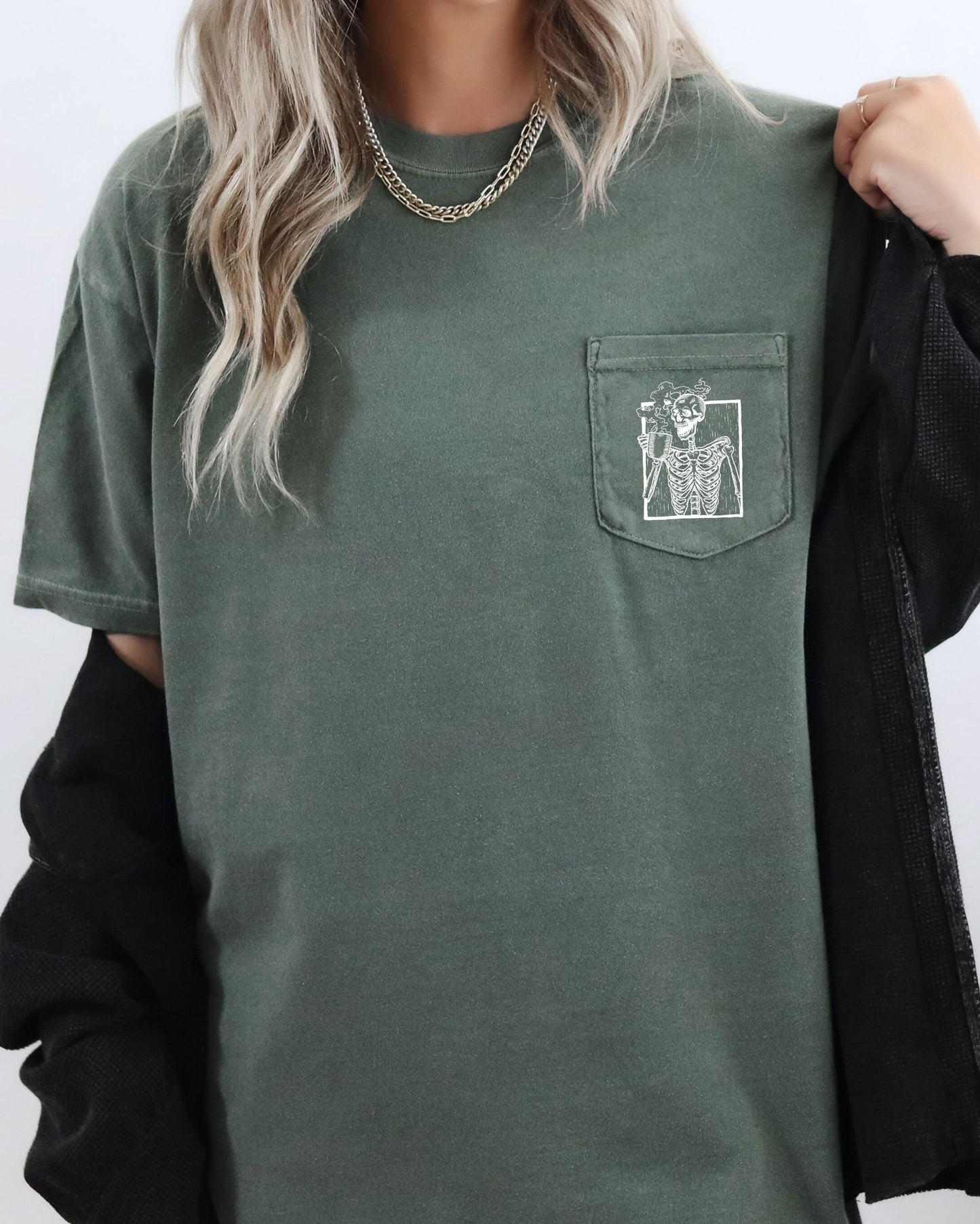 Skeleton Coffee, Halloween Pocket Tee Comfort Colors T-Shirt