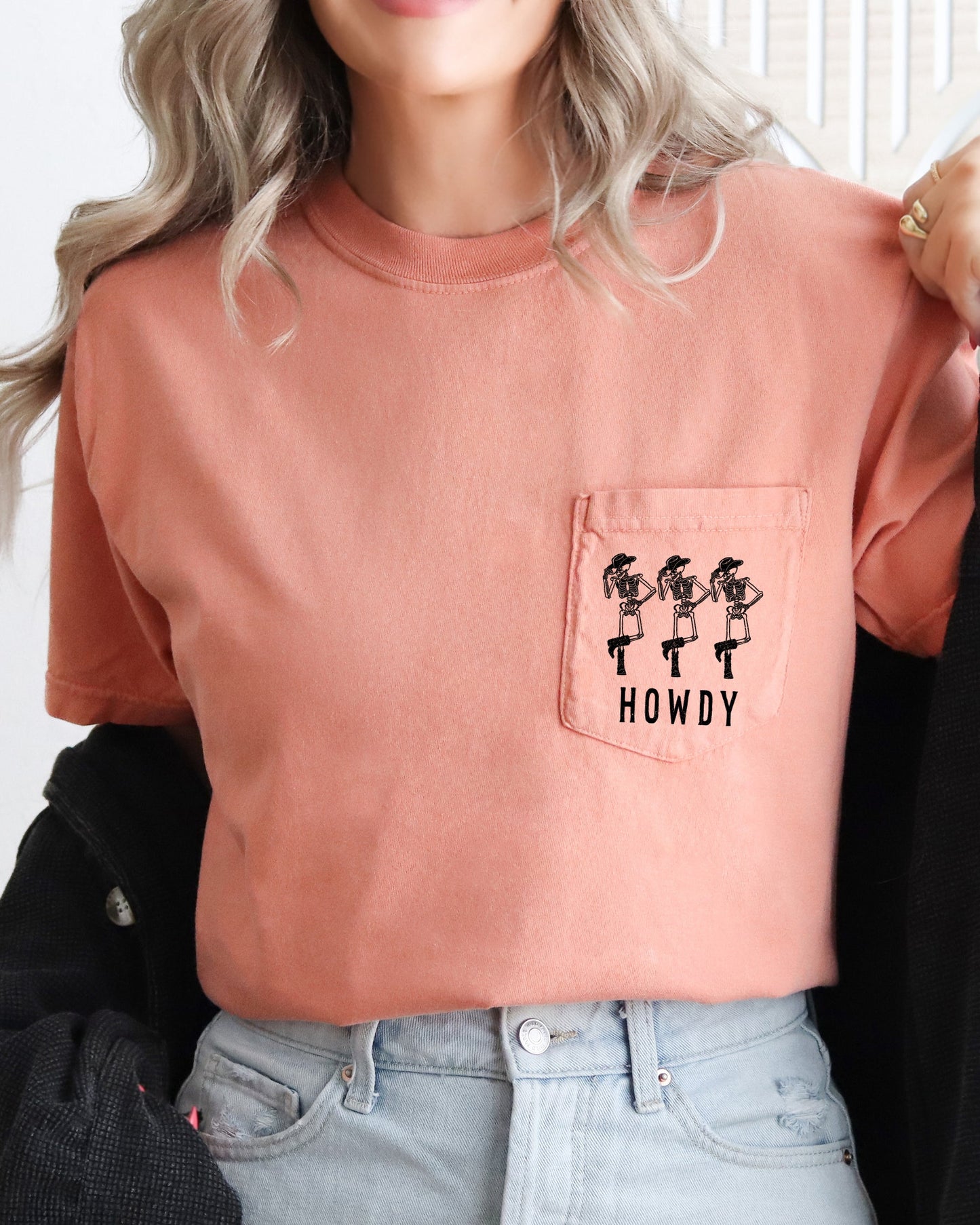 Howdy Skeleton, Cowboy, Halloween Pocket Tee Comfort Colors T-Shirt