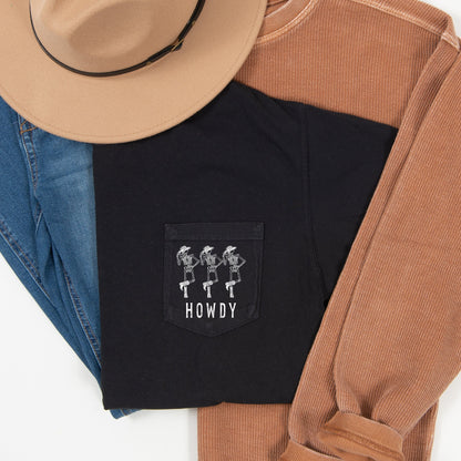 Howdy Skeletons Dancing Halloween Pocket Comfort Colors Tshirt