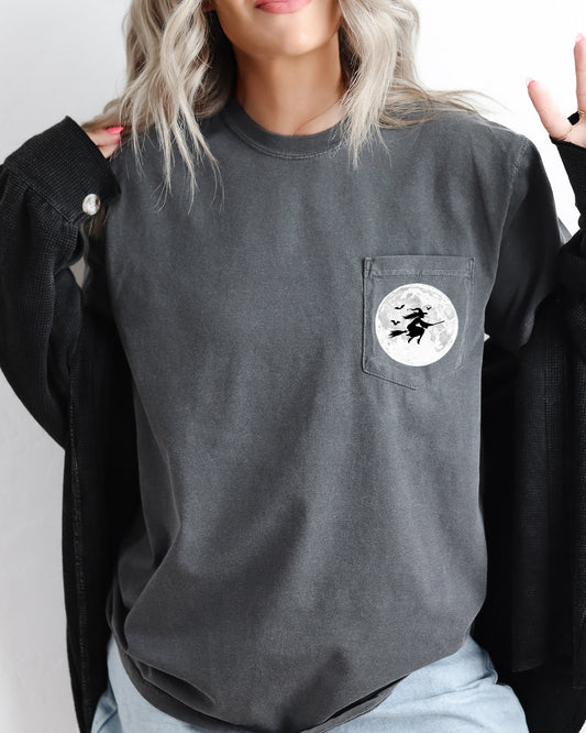 Witch On Broom, Halloween Pocket Tee Comfort Colors T-Shirt