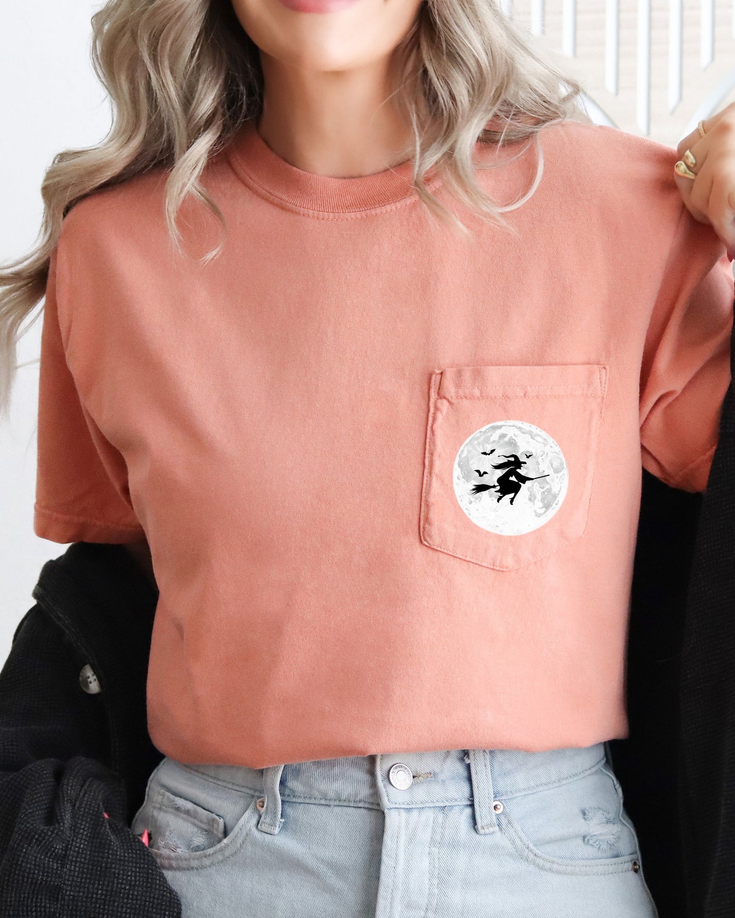 Witch On Broom, Halloween Pocket Tee Comfort Colors T-Shirt