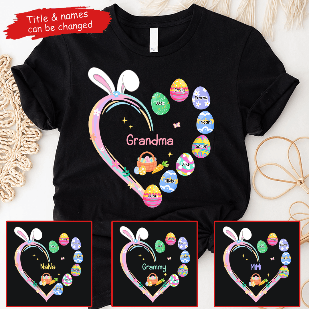 Grandma Easter Heart With Grandkids Bunny - Personalized Custom T Shirt - Easter, Birthday, Loving, Funny Gift for Grandma/Nana/Mimi, Mom, Wife, Grandparent