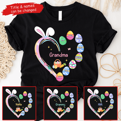 Grandma Easter Heart With Grandkids Bunny - Personalized Custom T Shirt - Easter, Birthday, Loving, Funny Gift for Grandma/Nana/Mimi, Mom, Wife, Grandparent