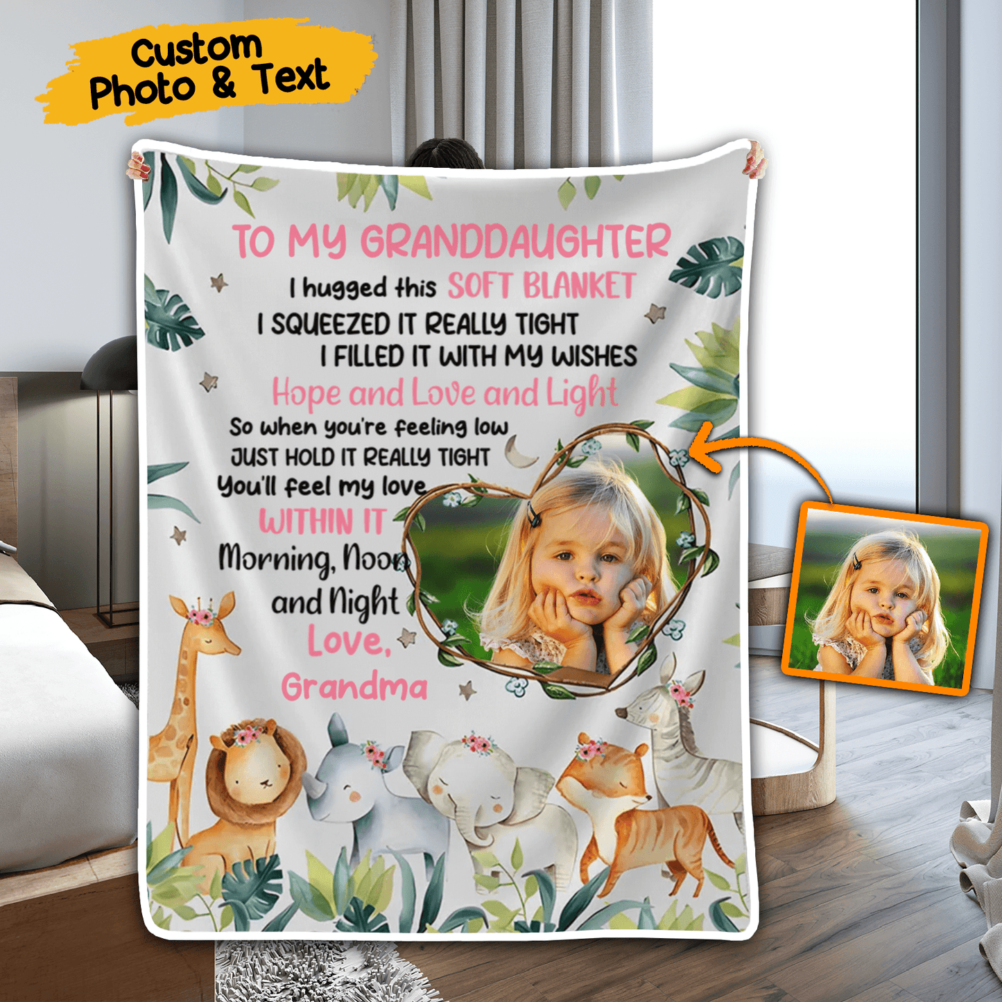 Custom Photo Safari Animals Nursery Blanket For Grandkids | Personalized Gift For Granddaughters, Grandsons, Daughters, Sons | Blanket