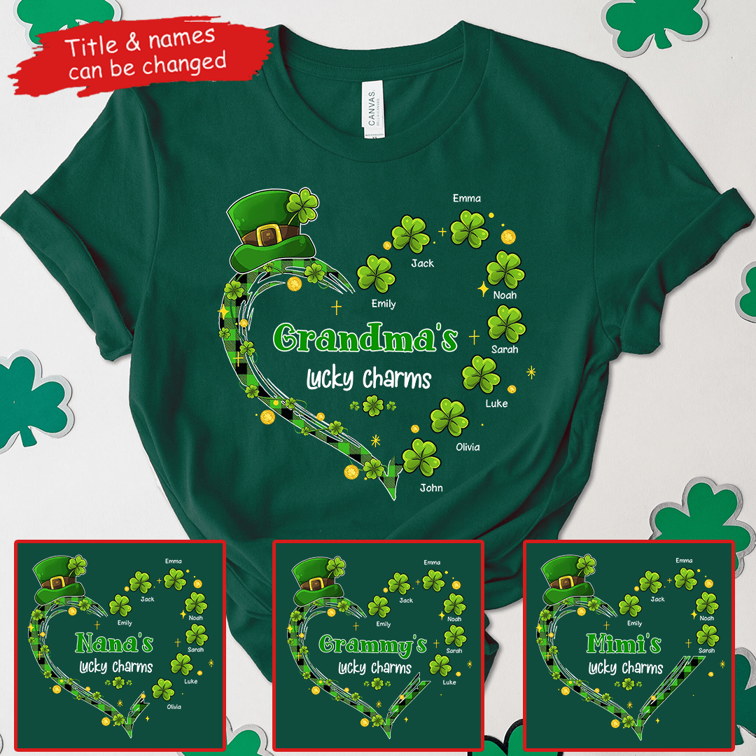Grandma's Lucky Charms Shamrock St. Patrick's Day - Personalized Custom T Shirt - St. Patrick's Day, Birthday, Loving, Funny Gift for Grandma/Nana/Mimi, Mom, Wife, Grandparent