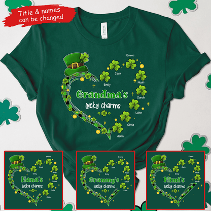 Grandma's Lucky Charms Shamrock St. Patrick's Day - Personalized Custom T Shirt - St. Patrick's Day, Birthday, Loving, Funny Gift for Grandma/Nana/Mimi, Mom, Wife, Grandparent