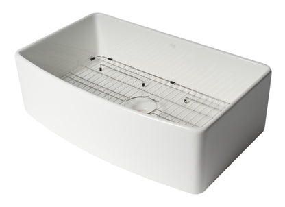 ALFI brand ABFC3320S ABFC3320S-W White Smooth Curved Apron 33" x 20" Single Bowl Fireclay Farm Sink with Grid