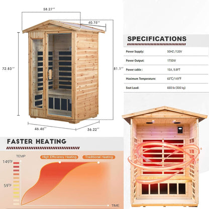 Premium 2-Person Indoor Outdoor Low EMF FAR-Infrared Hemlock Wood Personal Home Sauna Spa, 1750W (SAK27451)
