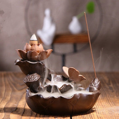 Lotus Flower Pond Backflow Incense Burner With Butterfly