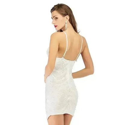 Sequin dress stretch sequin skirt open back beaded spaghetti strap