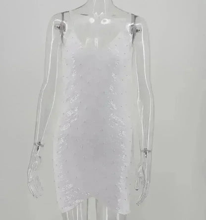 Sequin dress stretch sequin skirt open back beaded spaghetti strap