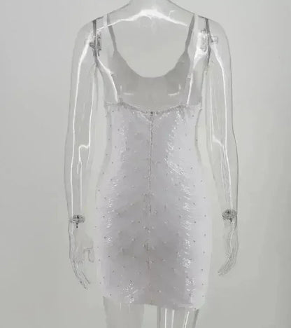 Sequin dress stretch sequin skirt open back beaded spaghetti strap