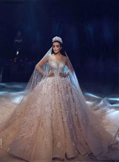 Luxury Beaded Lace Wedding Dress with 3D Floral Design