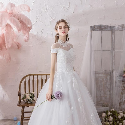 Vintage High Neck Luxury Wedding Dress with Short Sleeve