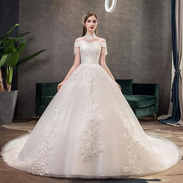 Vintage High Neck Short Sleeve Wedding Dress
